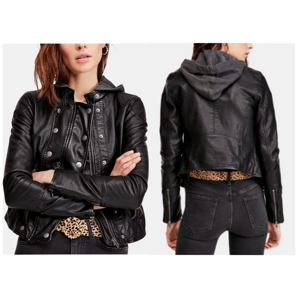 Free People New Dawn Vegan Hooded Jacket in Black Size S